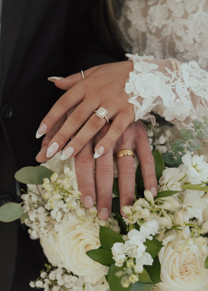 Close-up of hands with wedding rings